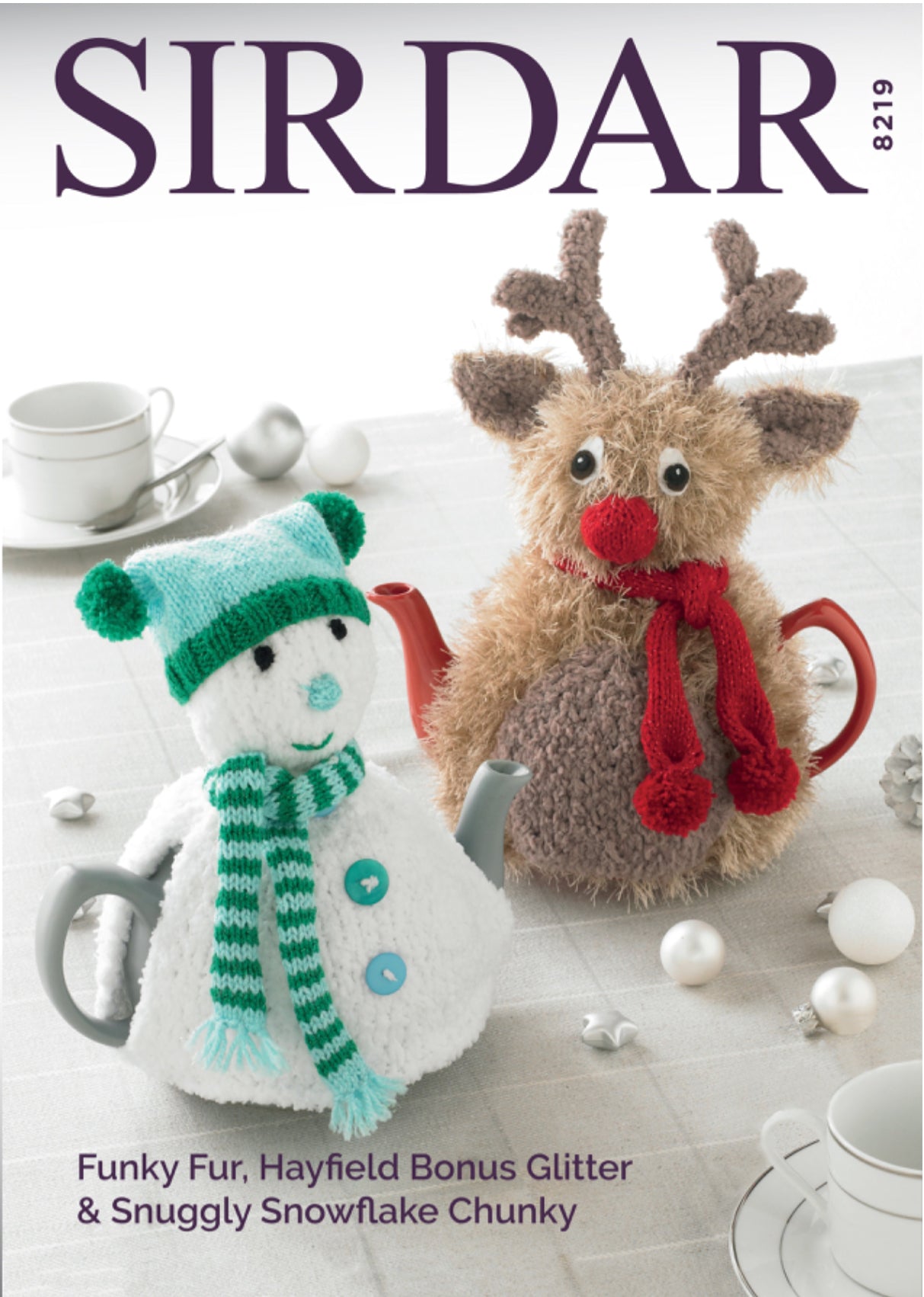 Sirdar 8219 Christmas Teacosies in Snuggly Snowflake Chunky, Funky Fur and Bonus Glitter DK