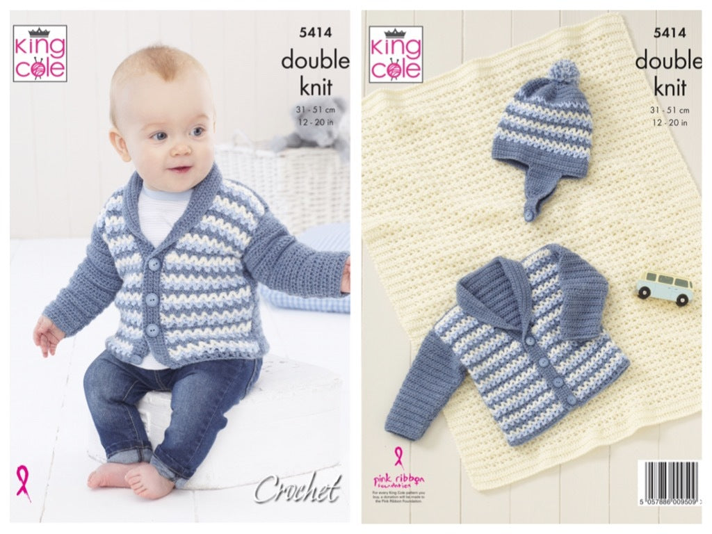 King Cole Pattern 5414 Crochet Baby Boy's Jacket, Hat and Blanket in Big Value Baby DK