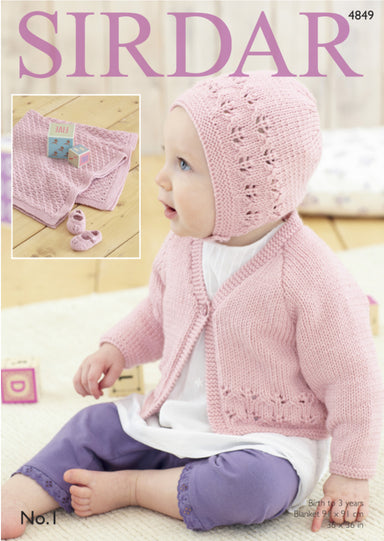 Sirdar 4849 Cardigan, Bonnet, Shoes and Blanket in DK