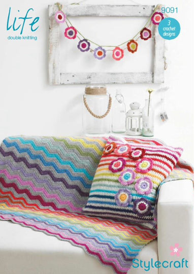 Stylecraft 9091 Crochet Blanket, Cushion Cover & Bunting