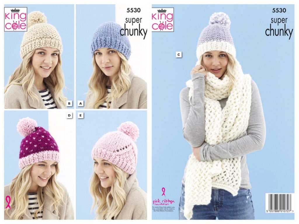 King Cole Pattern 5530 Hats and Scarf in Timeless Super Chunky