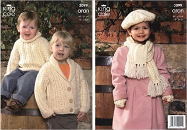 King Cole 3099 Sweater, Jacket, Hat, Scarf and Mittens in Aran