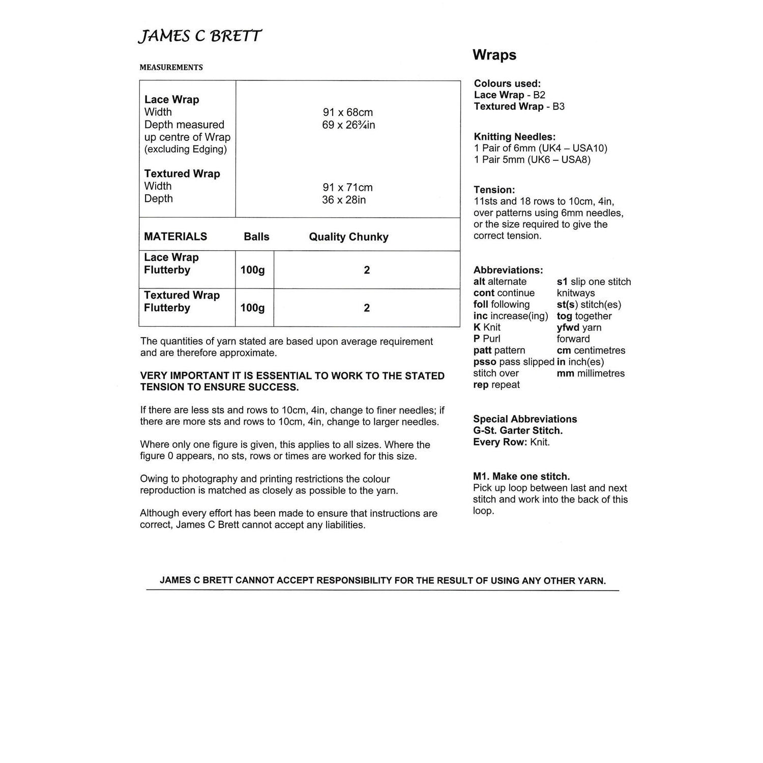 James C Brett Pattern JB202 Wraps in Flutterby