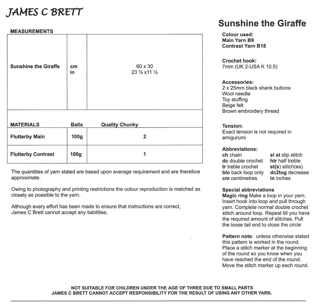 James C Brett Pattern JB401 Sunshine the Giraffe Toy in Flutterby Chunky