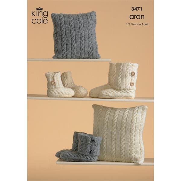 King Cole Pattern 3471 Knitted Slippers and Cushions in Fashion Aran