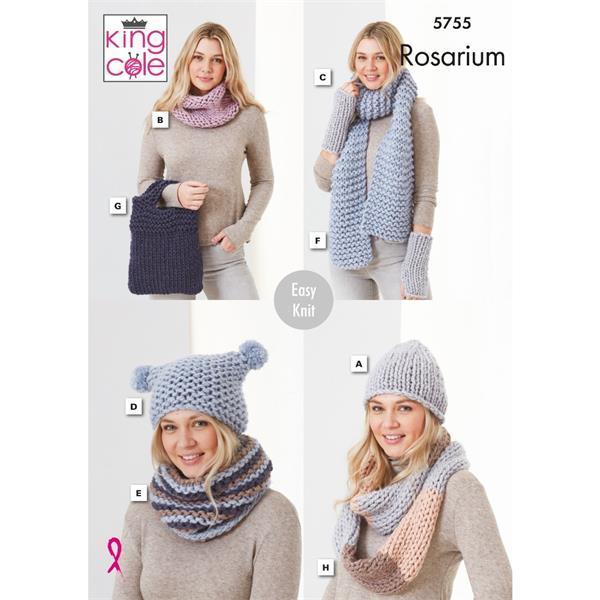 King Cole 5755 Hats, Snoods, Wristwarmers, Scarf and Bag in Rosarium Mega Chunky