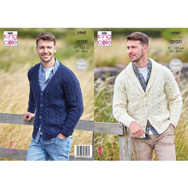King Cole Pattern 5960 Men's V and Shawl Collared Cardigans in Aran