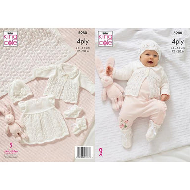 King Cole Pattern 5980 Shawl, Matinee Coat, Dress Hat & Bootees in Cherished 4Ply
