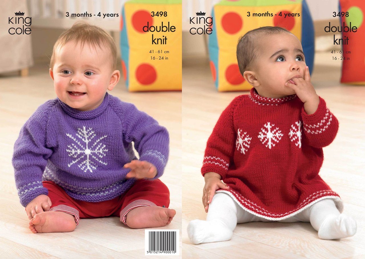 King Cole Pattern 3498 Christmas Snowflake Baby Dress & Sweater in Comfort DK