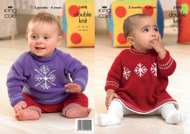 King Cole Pattern 3498 Christmas Snowflake Baby Dress & Sweater in Comfort DK