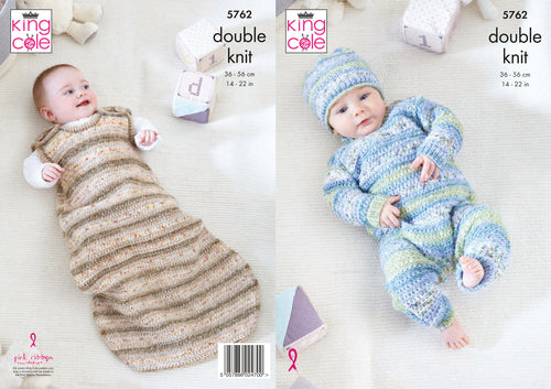 King Cole Pattern 5762 Onesie, Sleeping Bag & Hat in Baby Splash DK