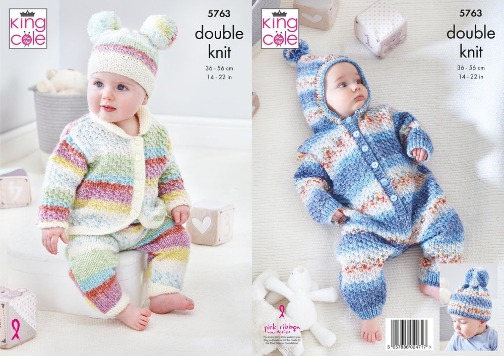 King Cole Pattern 5763 Baby Onesie, Cardigan, Trousers & Hats Knitted with Baby Splash DK