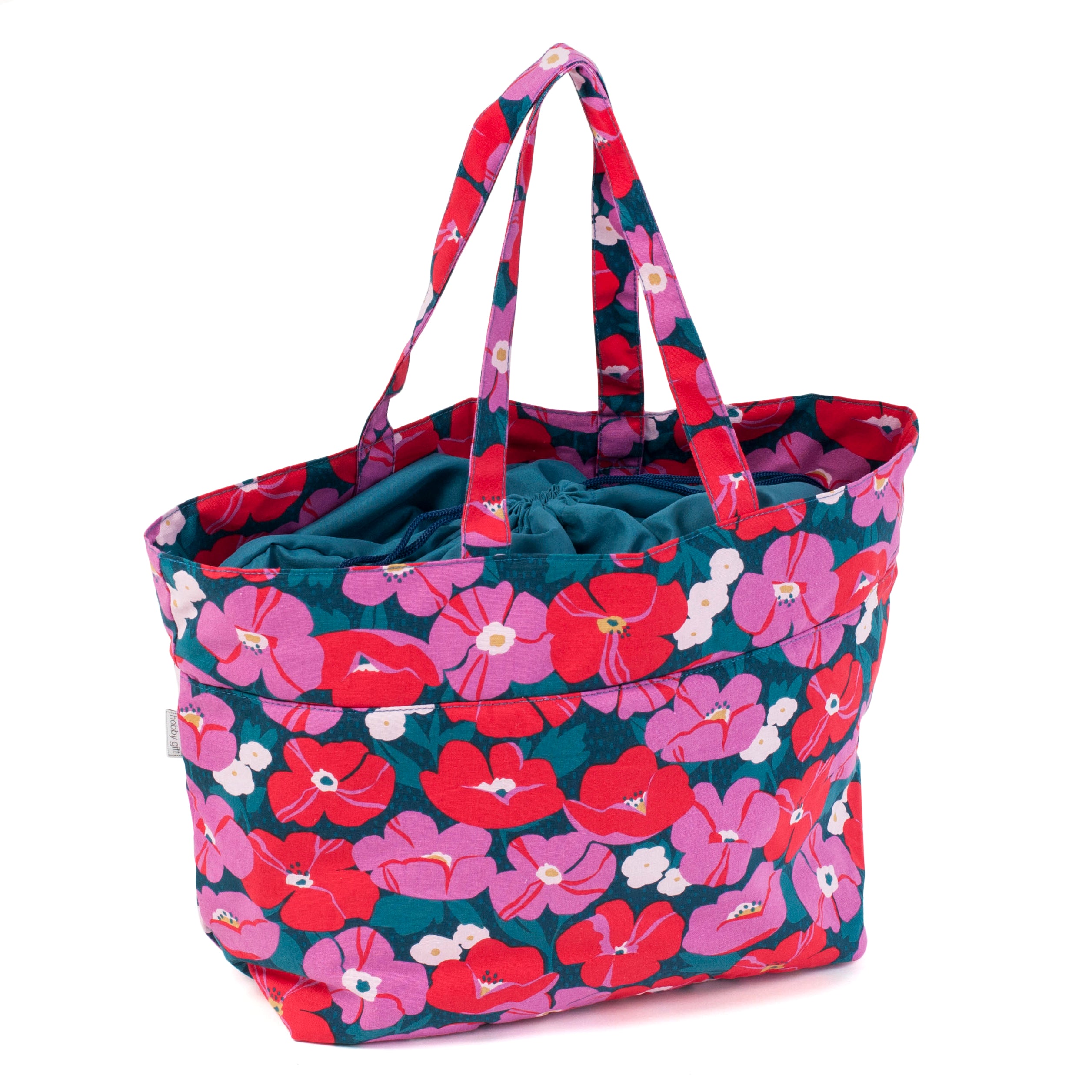 Craft Bag: Drawstring: Navy with Pink and Red Flowers