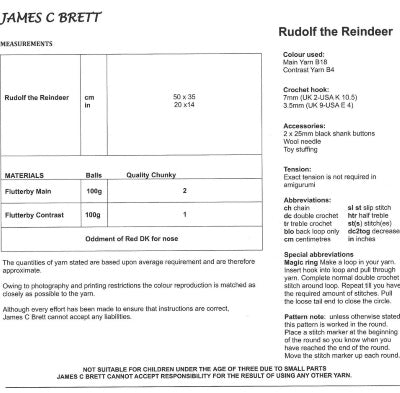 James C Brett Pattern JB405 Crochet Rudolph