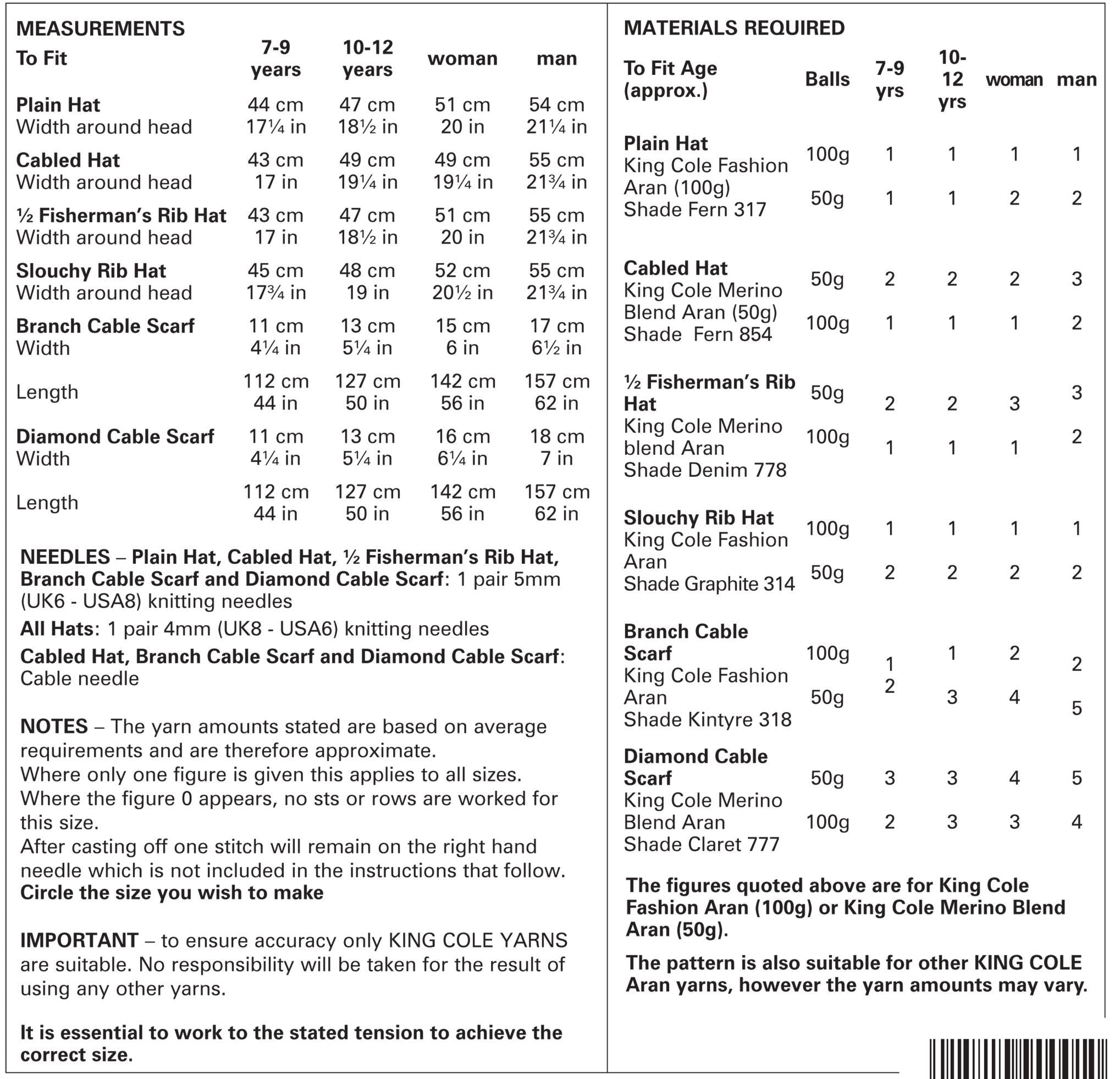 King Cole 3461 Hats and Scarves in Merino Blend Aran and Fashion Aran