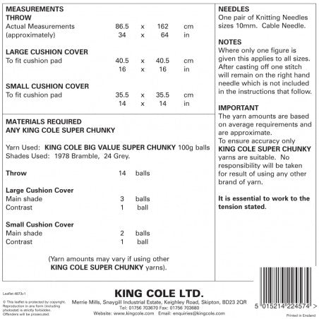 King Cole Pattern 4873 Throw and Reversible Cushion Covers in Big Value Super Chunky