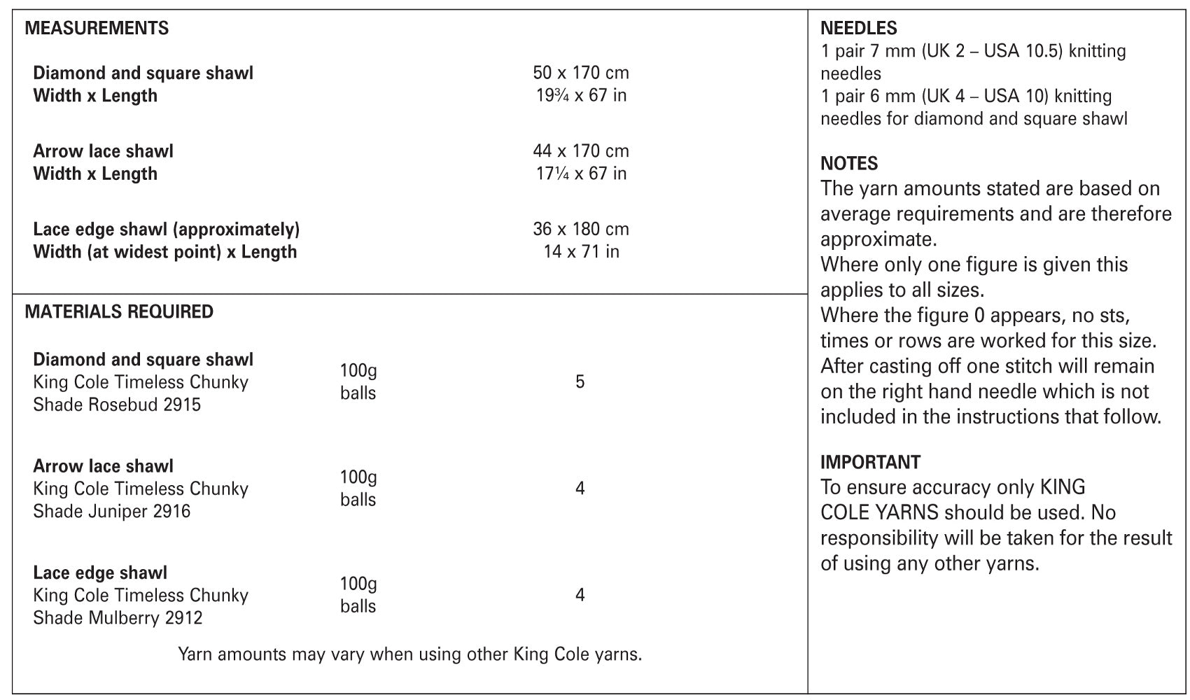 King Cole Pattern 5183 Shawls in Timeless Chunky