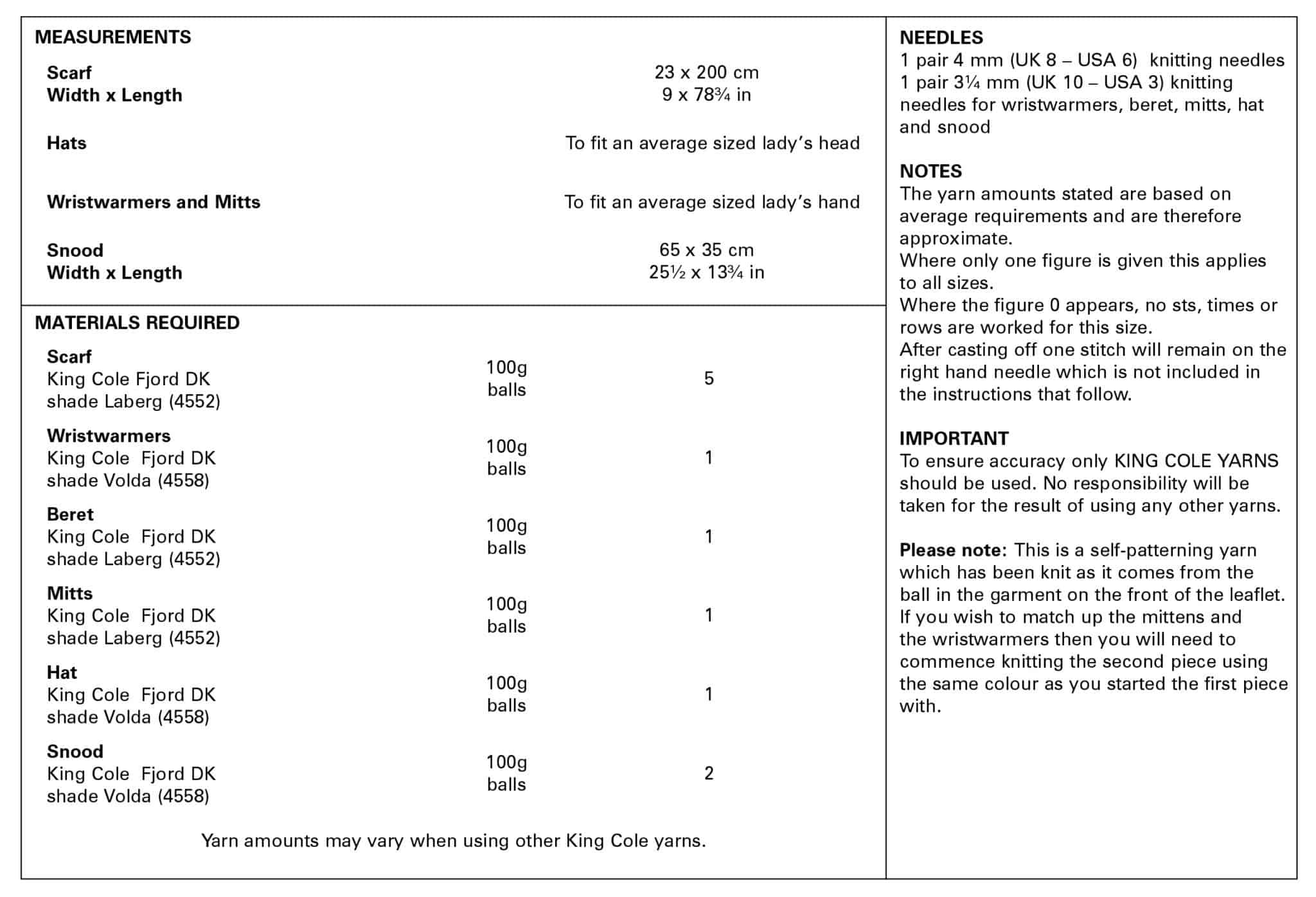 King Cole Pattern 5654 Scarf, Wristwarmers, Hats, Mitts and Snood in Fjord DK