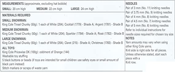 King Cole Pattern 9030 Tinsel Chunky Snowmen
