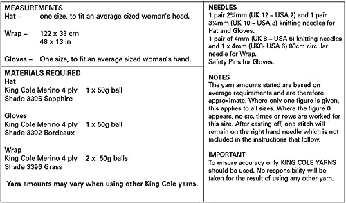 King Cole Pattern 5474 Ladies Hat, Gloves and Wrap in 4 Ply