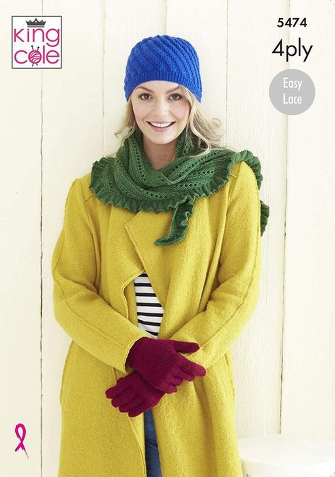 King Cole Pattern 5474 Ladies Hat, Gloves and Wrap in 4 Ply
