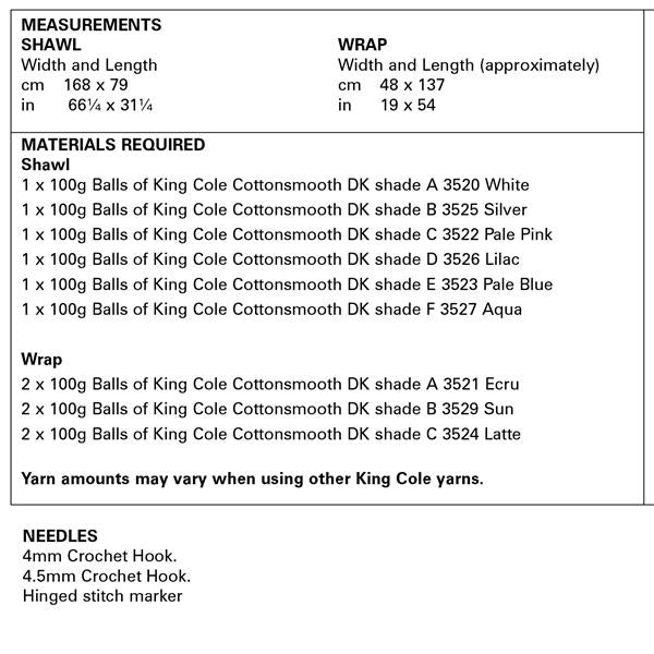 King Cole Pattern 5844 Shawls Crocheted in Cottonsmooth DK