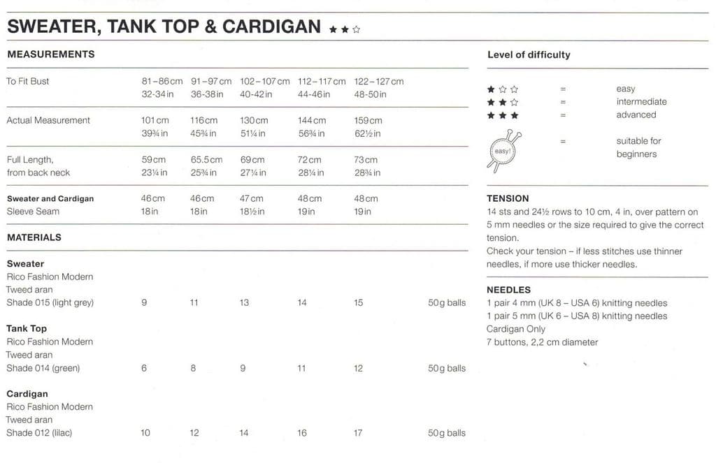 Rico Pattern 1059 Jumper, Tank Top and Cardigan in Tweed Aran