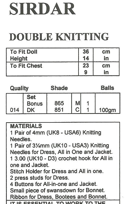 Sirdar 3072 Doll's Clothes in Bonus DK