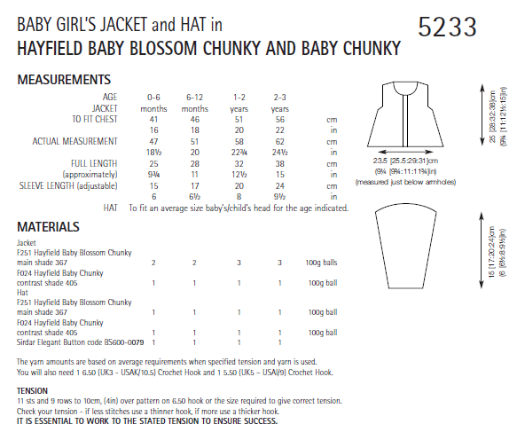 Sirdar 5233 Baby Girl's Crochet Jacket and Hat in Hayfield Baby Blossom Chunky and Baby Chunky