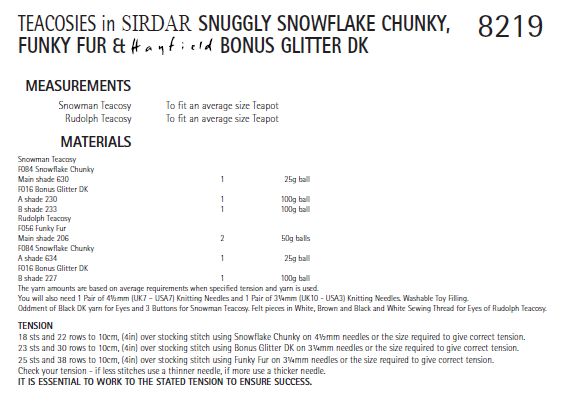 Sirdar 8219 Christmas Teacosies in Snuggly Snowflake Chunky, Funky Fur and Bonus Glitter DK