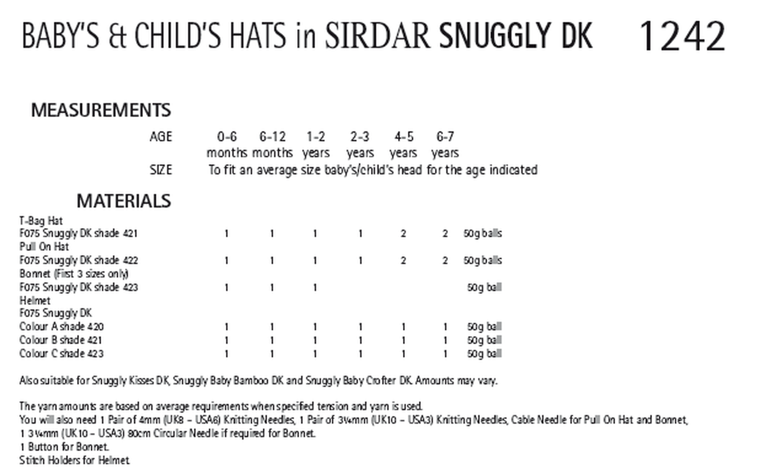 Sirdar Pattern 1242 Baby Hats in Snuggly DK
